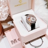 Set Đồng Hồ Nữ Hanboro Chính Hãng Dây Da Đen Họa Tiết Nổi Bật Vỏ Rose Size 39mm Quartz