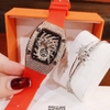 Set Đồng Hồ Nữ Hanboro Dây Cao Su Đỏ Chính Hãng Đính Đá Rose Gold Size 31x44mm Quartz Tặng Kèm Lắc Tay