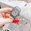 Set Đồng Hồ Nữ Hanboro Dây Cao Su Trắng Chính Hãng Đính Đá Silver Size 31x44mm Quartz Tặng Kèm Lắc Tay