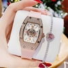 Set Đồng Hồ Nữ Hanboro Đính Đá Dây Cao Su Hồng Chính Hãng Vỏ Rose Gold Size 31x44mm Quartz Tặng Kèm Lắc Tay