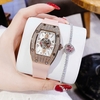 Set Đồng Hồ Nữ Hanboro Đính Đá Dây Cao Su Hồng Chính Hãng Vỏ Rose Gold Size 31x44mm Quartz Tặng Kèm Lắc Tay
