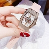 Set Đồng Hồ Nữ Hanboro Đính Đá Dây Cao Su Hồng Chính Hãng Vỏ Rose Gold Size 31x44mm Quartz Tặng Kèm Lắc Tay