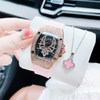 Set Đồng Hồ Nữ Hanboro Mặt Nhện Dây Cao Su Hồng Chính Hãng Đính Đá Rose Gold Size 31x44mm Quartz Tặng Kèm Lắc Tay