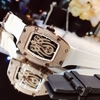 Set Đồng Hồ Nữ Hanboro Mặt Nhện Dây Cao Su Trắng Chính Hãng Đính Đá Rose Gold Size 31x44mm Quartz Tặng Kèm Bộ Dây Cao Su Đen