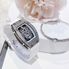 Set Đồng Hồ Nữ Hanboro Mặt Nhện Dây Cao Su Trắng Chính Hãng Đính Đá Silver Size 31x44mm Quartz Tặng Kèm Lắc Tay