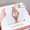 Set Đồng Hồ Nữ Roberto Era Chính Hãng Dây Thép Vàng Hồng Size 28mm Viền Đính Đá RE1203A Tặng Kèm Vòng Tay
