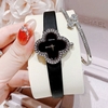 Set Đồng Hồ Nữ Roberto Era Dây Da Đen Mặt Cỏ 4 Lá Viền Đá Silver Size 28mm ER2602 Chính Hãng Tặng Kèm Lắc Tay