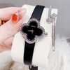 Set Đồng Hồ Nữ Roberto Era Dây Da Đen Mặt Cỏ 4 Lá Viền Đá Silver Size 28mm ER2602 Chính Hãng Tặng Kèm Lắc Tay