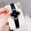 Set Đồng Hồ Nữ Roberto Era Dây Da Đen Mặt Cỏ 4 Lá Viền Đá Silver Size 28mm ER2602 Chính Hãng Tặng Kèm Lắc Tay