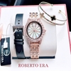 Set Đồng Hồ Nữ Roberto Era Dây Da Lụa Đen Mặt Oval Họa Tiết 12 Cánh Hoa Size 33mm Viền Đá Rose RE2204 Tặng Kèm Bộ Dây Kim Loại Và Vòng Tay