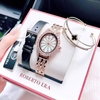 Set Đồng Hồ Nữ Roberto Era Dây Da Lụa Đen Mặt Oval Họa Tiết 12 Cánh Hoa Size 33mm Viền Đá Rose RE2204 Tặng Kèm Bộ Dây Kim Loại Và Vòng Tay
