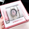 Set Đồng Hồ Nữ Roberto Era Dây Da Lụa Hồng Mặt Oval Họa Tiết 12 Cánh Hoa Size 33mm Viền Đá RE2205 Tặng Kèm Bộ Dây Da Và Vòng Tay