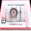 Set Đồng Hồ Nữ Roberto Era Dây Da Lụa Hồng Mặt Oval Họa Tiết 12 Cánh Hoa Size 33mm Viền Đá RE2205 Tặng Kèm Bộ Dây Da Và Vòng Tay