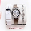 Set Đồng Hồ Nữ Roberto Era Dây Da Lụa Nâu Mặt Oval Họa Tiết 12 Cánh Hoa Size 33mm Viền Đá RE220 Tặng Kèm Bộ Dây Cao Su Trắng Và Vòng Tay