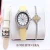 Set Đồng Hồ Nữ Roberto Era Dây Da Lụa Trắng Mặt Oval Họa Tiết 12 Cánh Hoa Size 33mm Viền Đá RE2201 Tặng Kèm Bộ Dây Da Và Vòng Tay