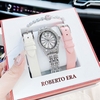 Set Đồng Hồ Nữ Roberto Era Dây Da Lụa Trắng Mặt Oval Họa Tiết 12 Cánh Hoa Size 33mm Viền Đá Silver RE2201 Tặng Kèm 1 Dây Kim Loại 1 Dây Da Và Vòng Tay