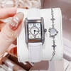 Set Đồng Hồ Nữ Roberto Era Dây Da Trắng Mặt Chữ Nhật Size 28mm Viền Mặt Đính Đá Vỏ Silver RE350