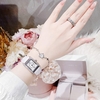 Set Đồng Hồ Nữ Roberto Era Dây Da Trắng Mặt Chữ Nhật Size 28mm Viền Mặt Đính Đá Vỏ Silver RE350