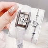 Set Đồng Hồ Nữ Roberto Era Dây Da Trắng Mặt Chữ Nhật Size 28mm Viền Mặt Đính Đá Vỏ Silver RE350