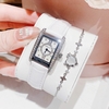 Set Đồng Hồ Nữ Roberto Era Dây Da Trắng Mặt Chữ Nhật Size 28mm Viền Mặt Đính Đá Vỏ Silver RE350