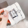Set Đồng Hồ Nữ Roberto Era Dây Da Trắng Mặt Chữ Nhật Size 28mm Viền Mặt Đính Đá Vỏ Silver RE350