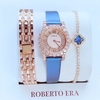 Set Đồng Hồ Nữ Roberto Era Dây Da Xanh Đính Đá Rose Size 32mm RE8349 Tặng Kèm Bộ Dây Kim Loại Và Vòng Tay