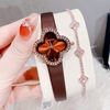 Set Đồng Hồ Nữ Roberto Era ER2600 Dây Da Nâu Mặt Cỏ 4 Lá Viền Đá Rose Size 28mm Chính Hãng Tặng Kèm Lắc Tay