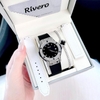 Set đồng hồ Rivero nữ chính hãng, Rivero R9009 dây cao su đen kèm bộ dây da trắng size 34mm