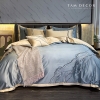 BỘ COTTON SATIN XANH BIỂN PHỐI VÀNG - HỌA TIẾT THÊU NGẪU HỨNG