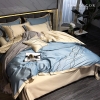 BỘ COTTON SATIN XANH BIỂN PHỐI VÀNG - HỌA TIẾT THÊU NGẪU HỨNG
