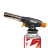 Đèn khò ga mini MGT-107 màu xám với tay cầm cam, gắn trên bình gas mini