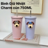 750ML: Cốc Giữ Nhiệt Charm Cún Có Ống Hút