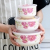 Bộ Set 03 Bát Sứ Hoa Hồng có nắp nhựa đậy
