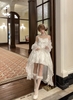 Mori Girl style women's dress has a gentle design, iridescent material, and a thick removable skirt.