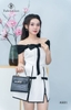 Set áo trễ vai nơ trắng, cv xẻ phối viền