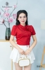 Áo cutout nút bọc đính dây nơ