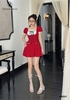 Đầm cổ vuông ren trắng thắt nơ hông
