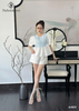 Áo baby doll tay phồng phối sọc thắt eo