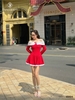 Đầm trễ vai tay dài phối trắng đính nơ