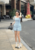 Jum short dạ dây vai ruy băng