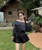 Áo kiểu sọc chỉ trễ vai tay bồng
