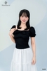 Áo crop tay phồng cổ vuông nơ lớn