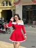 Đầm trễ vai tay dài phối trắng đính nơ
