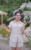Set short linen áo cổ xẻ đính nơ DSD1