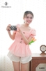 Áo peplum tay phồng đính nơ nâu LAD3