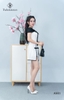 Set áo trễ vai nơ trắng, cv xẻ phối viền