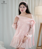 Set đầm tơ thêu hoa lệch vai kèm quần