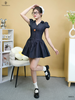 Đầm denim cổ V tay phồng