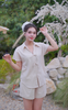 Set short linen áo cổ xẻ đính nơ DSD1