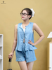 Set short denim lụa cổ tròn